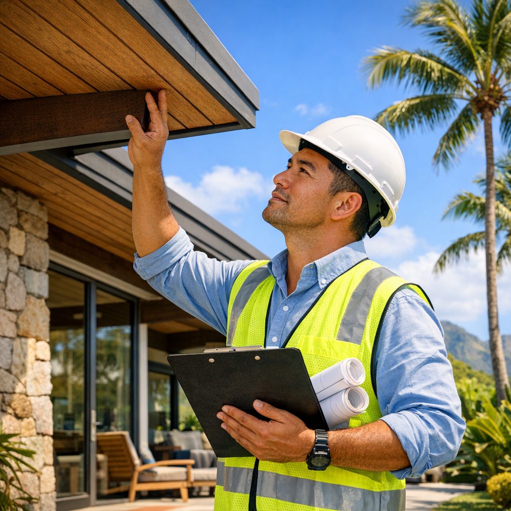 A licensed general contractor reviewing permit plans at a single-family Oʻahu remodel